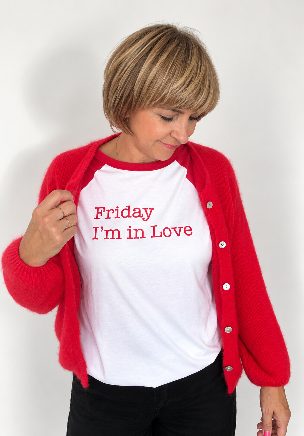 Friday Im In Love print on a Red white Raglan baseball style tshirt Cure Inspired Disko Kids