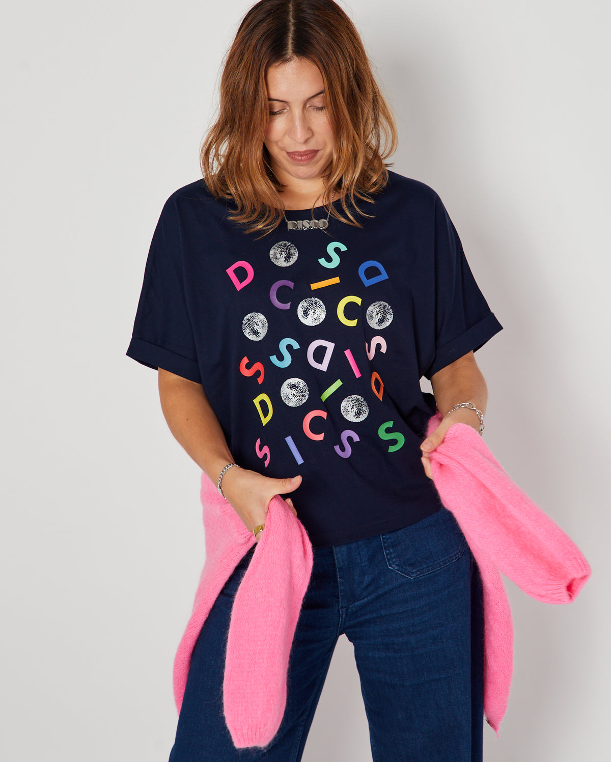 Disco Confetti Aretha Tshirt Navy with pink knit around waist bright colours
