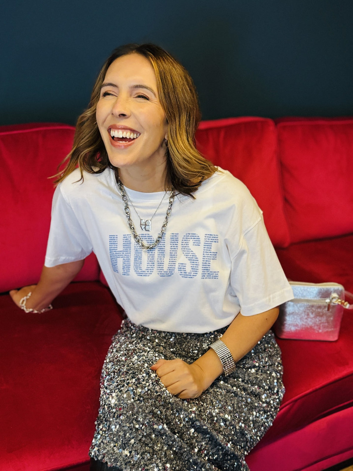 Graphic white tshirt with 90's dance clubs 90's raves sequin silver skirt and love pendant - Christmas night out