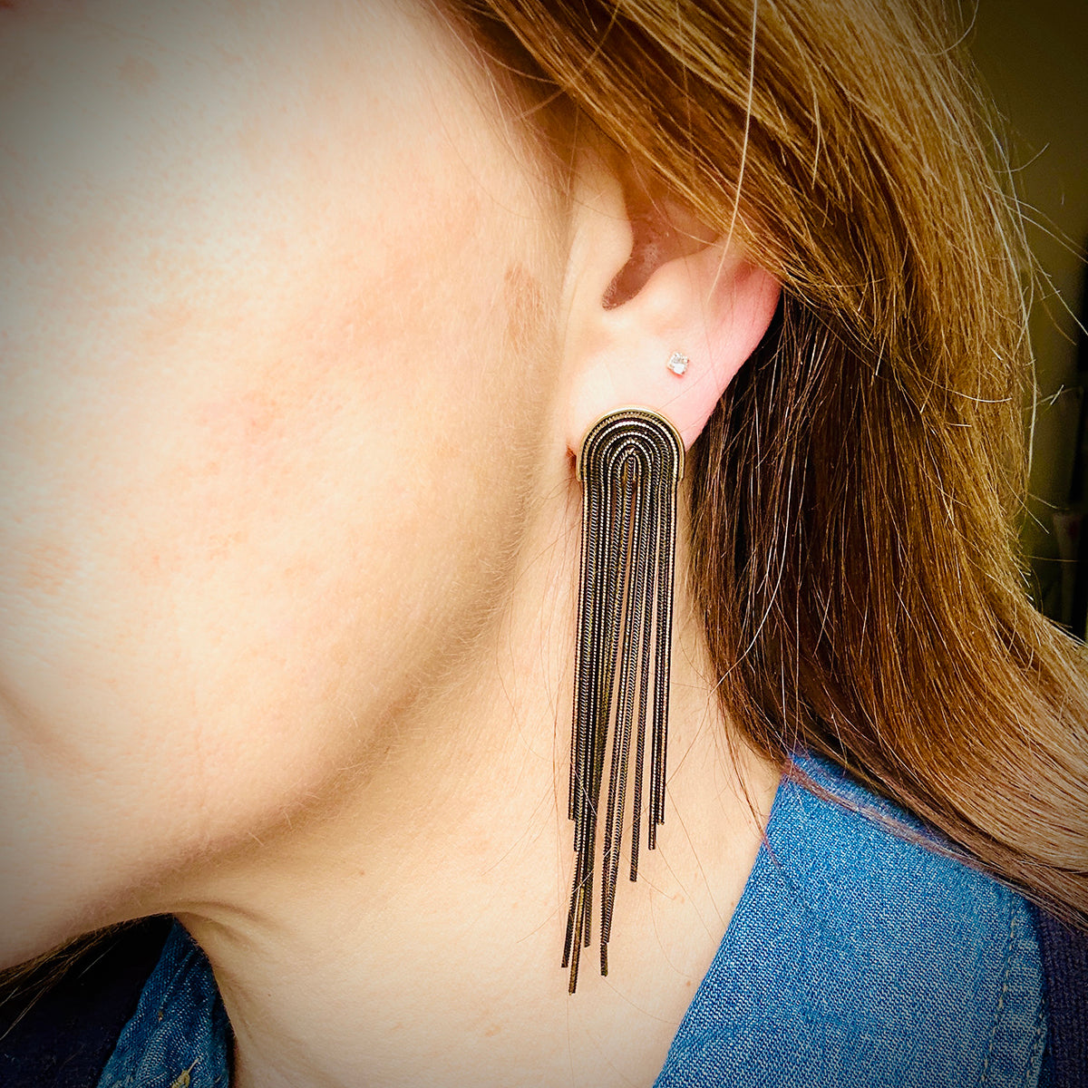 Black & Gold Snake Chain Tassel Earrings Disko Kids