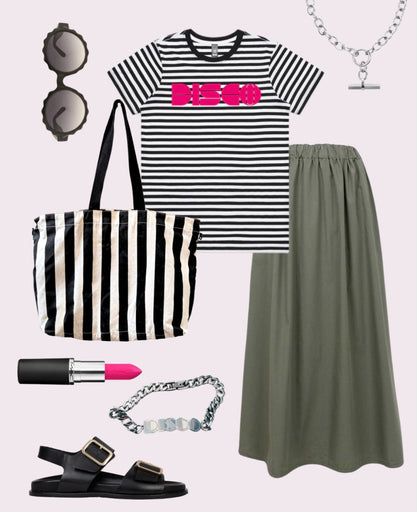 Shop the Look -  Disco Tshirt & Khaki Skirt