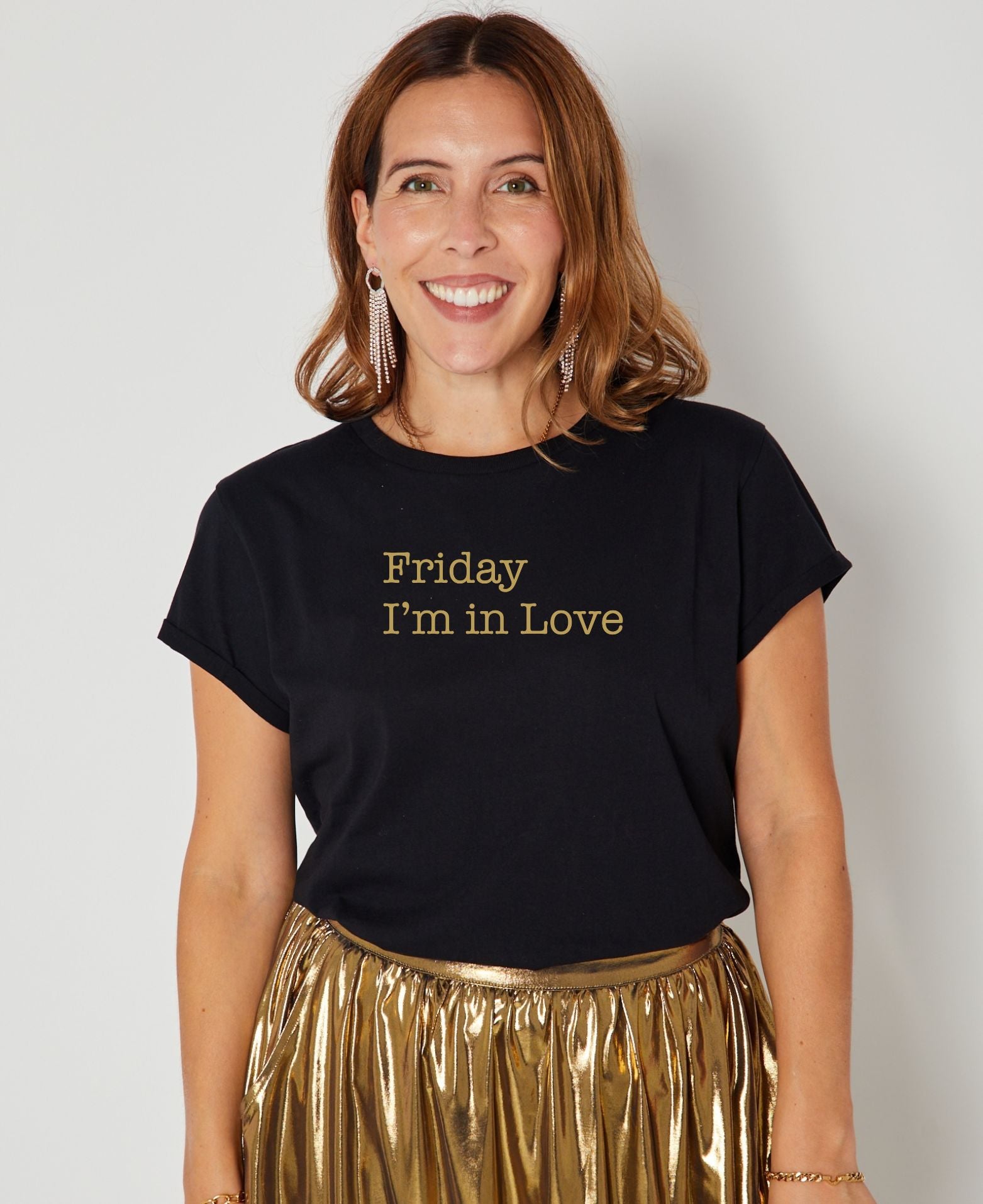 Friday I'm in Love Candi Tshirt Black & Gold cure inspired tshirt styled with gold metallic skirt 