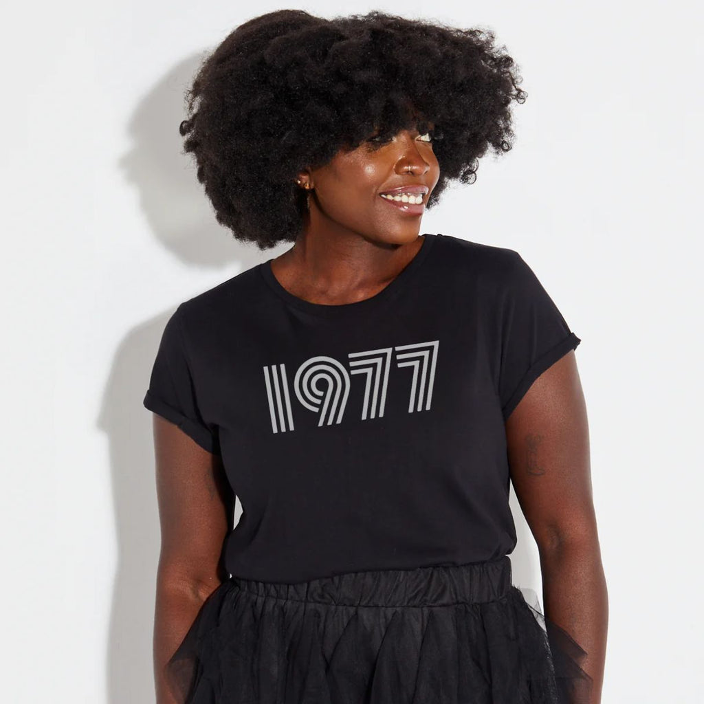 Womens 1977 black tshirt with silver print - Disko Kids