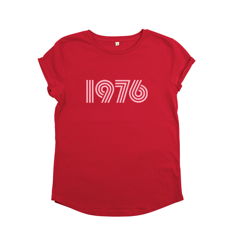 Womens 1976 red tshirt with pink print - Disko Kids