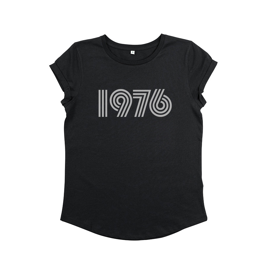 Womens 1976 black tshirt with silver print - Disko Kids