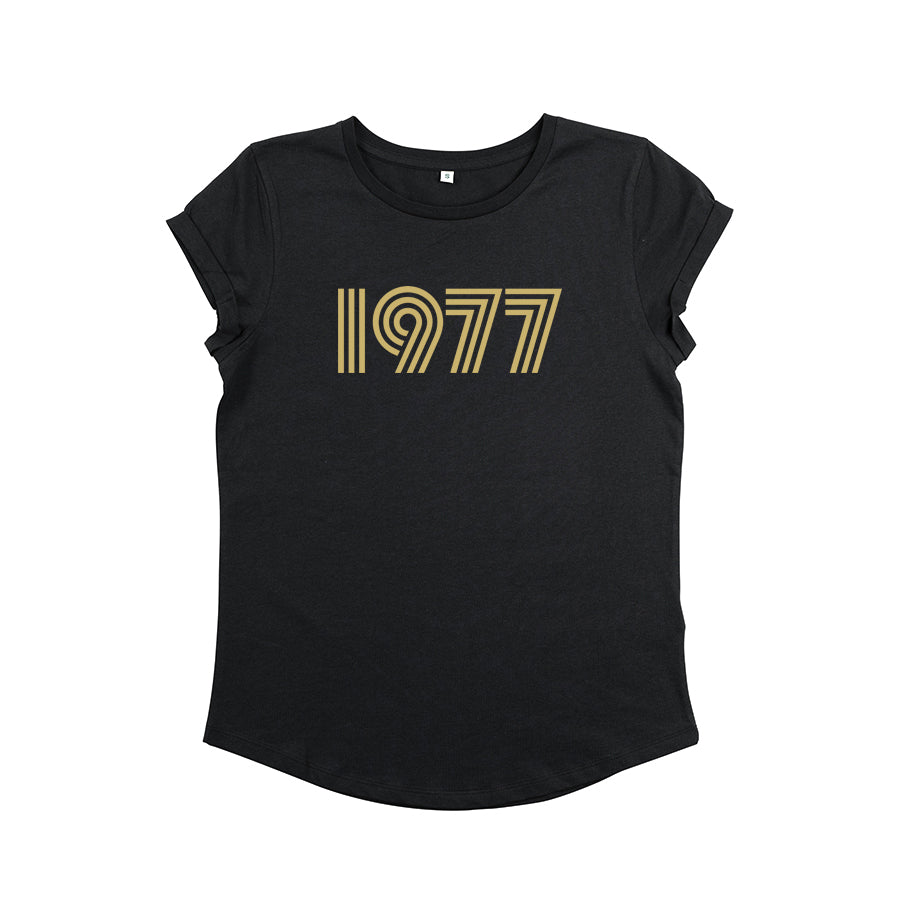 Womens 1977 black tshirt with gold print - Disko Kids