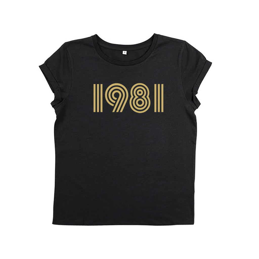 Black t-shirt with 1981 screen printed in gold ink. Birthday present and gifts