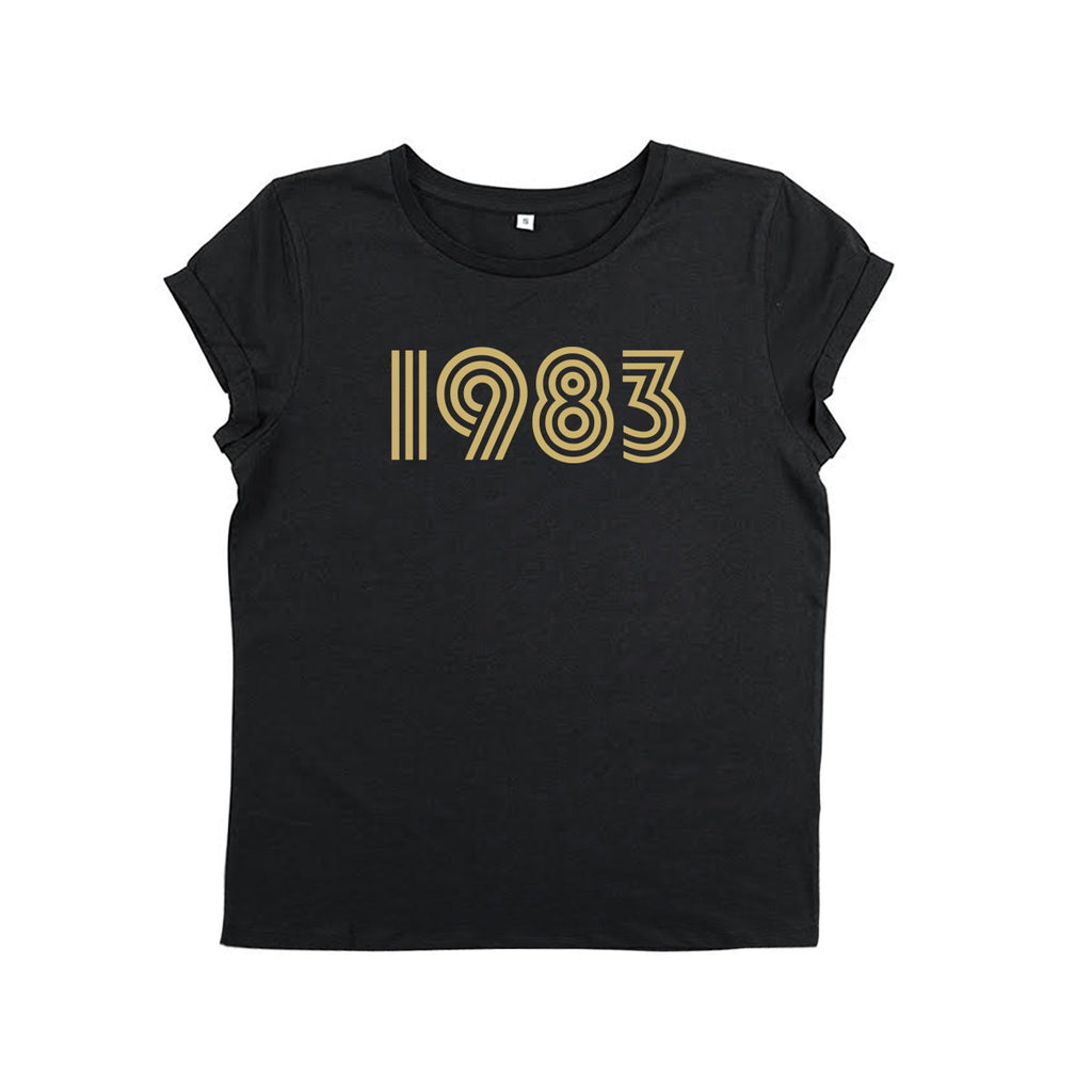 Black t-shirt with 1983 screen printed in gold ink. Birthday present and gifts