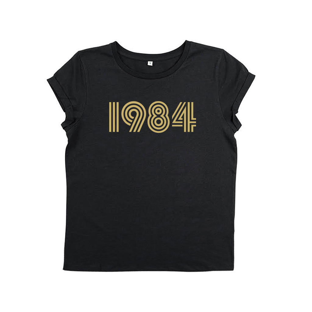 Black ladies disco t-shirt with '1984' printed in gold. Gift ideas