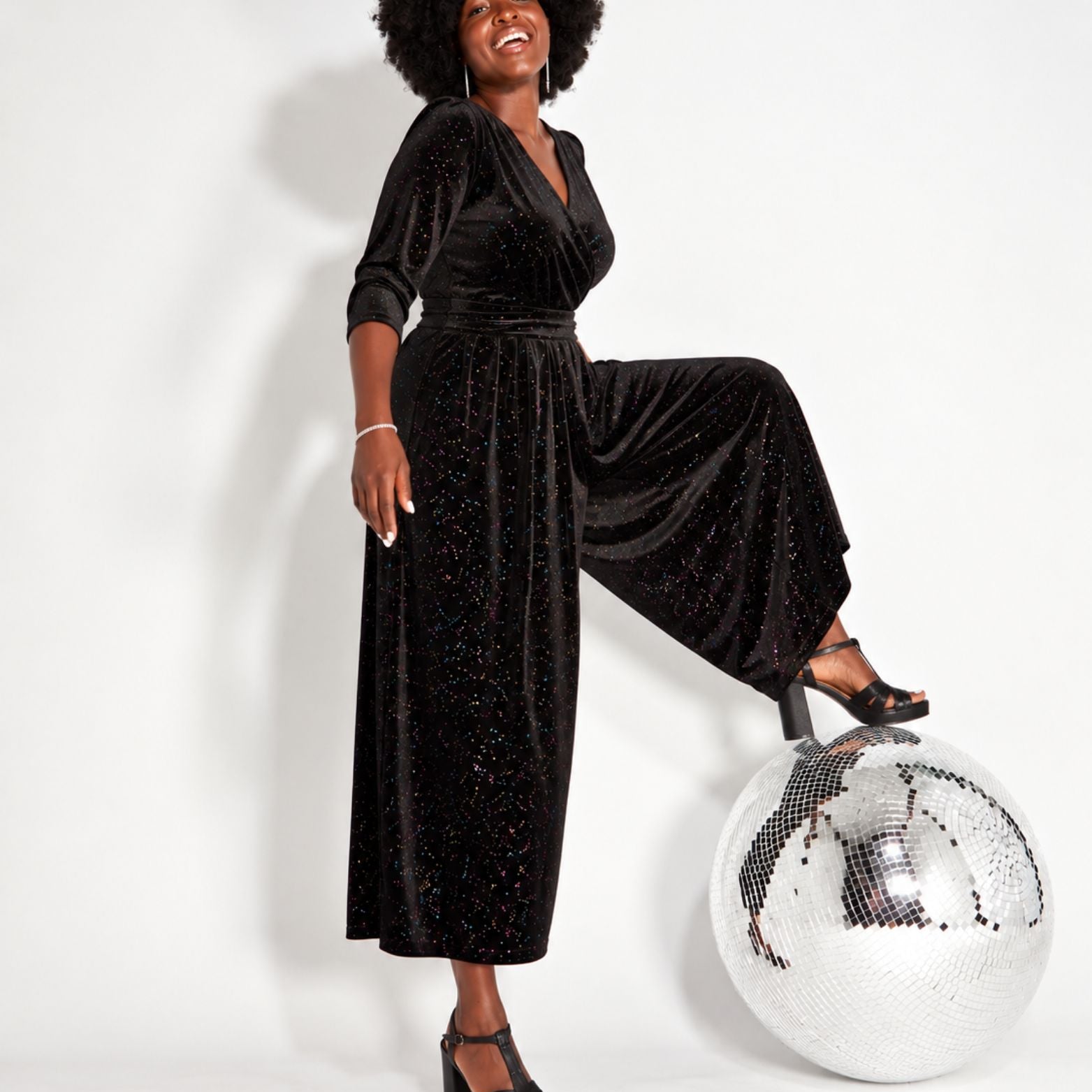 Black Rainbow Sparkle Jumpsuit for party season and christmas full look with heels and disco ball disko kids