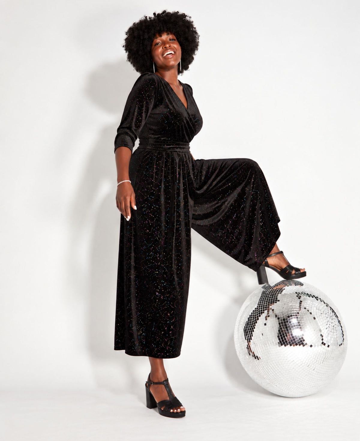 Black Rainbow Sparkle Jumpsuit for party season and christmas full look with heels and disco ball disko kids