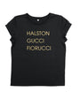 Womens black t-shirt with 'HALSTON GUCCI FIORUCCIO' gold text - Disko Kids