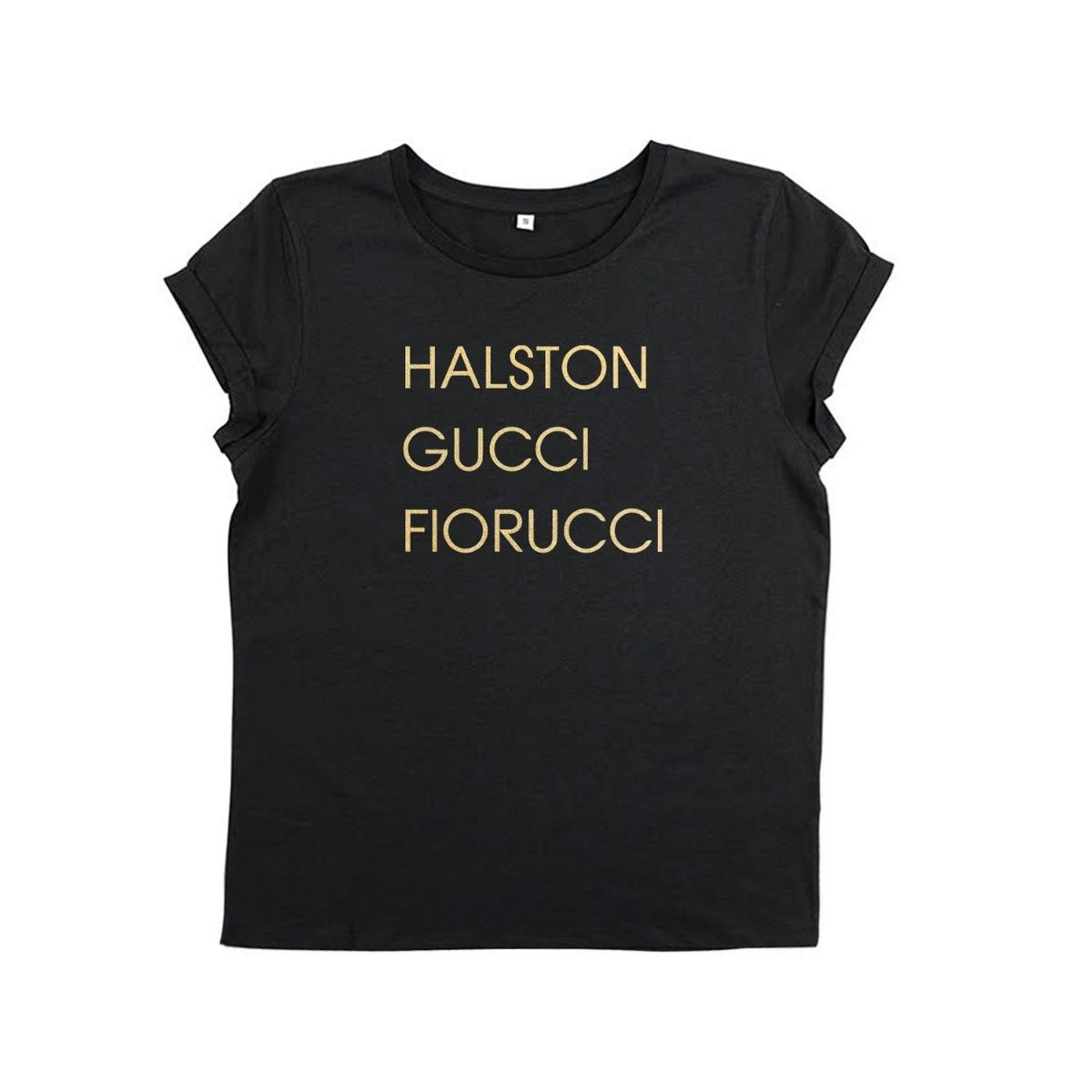 Womens black t-shirt with 'HALSTON GUCCI FIORUCCIO' gold text - Disko Kids