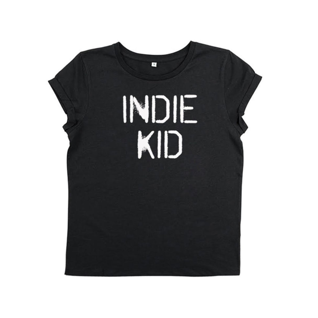 Womens black tshirt with white 'INDIE KID' print - Disko Kids