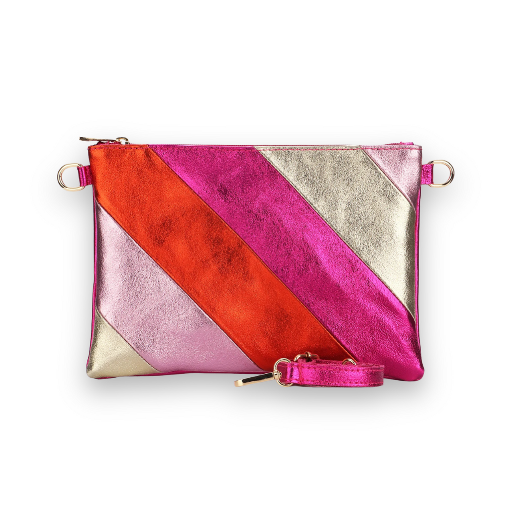 Pink Rainbow Leather Disco Clutch Bag Close Up Front