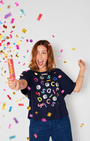 Disco Confetti Aretha Tshirt Navy shown with party confetti
