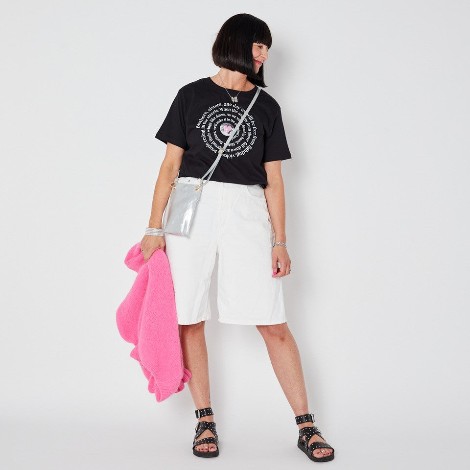 Brothers, Sisters Promised Land graphic design tshirt with white & pink ink- Disko Kids