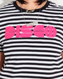 Womens black and white striped t-shirt with pink 'DISCO' print - Disko Kids