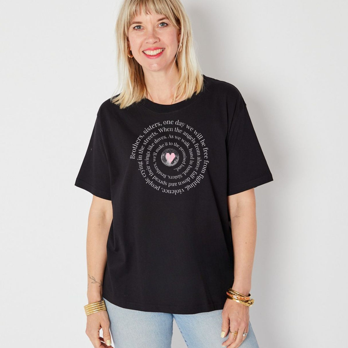 Brothers, Sisters Promised Land graphic design tshirt with white & pink ink- Disko Kids