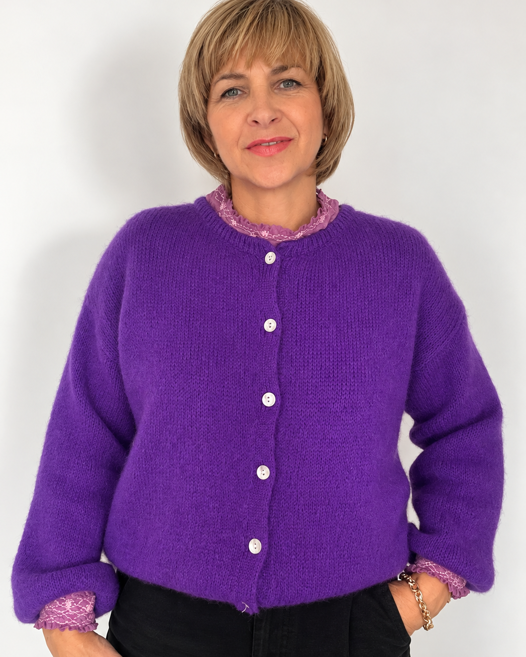 Purple Round Neck Cardigan