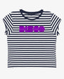 navy & whote stripe tshirt with disco graphic design on front in purple - disko kids