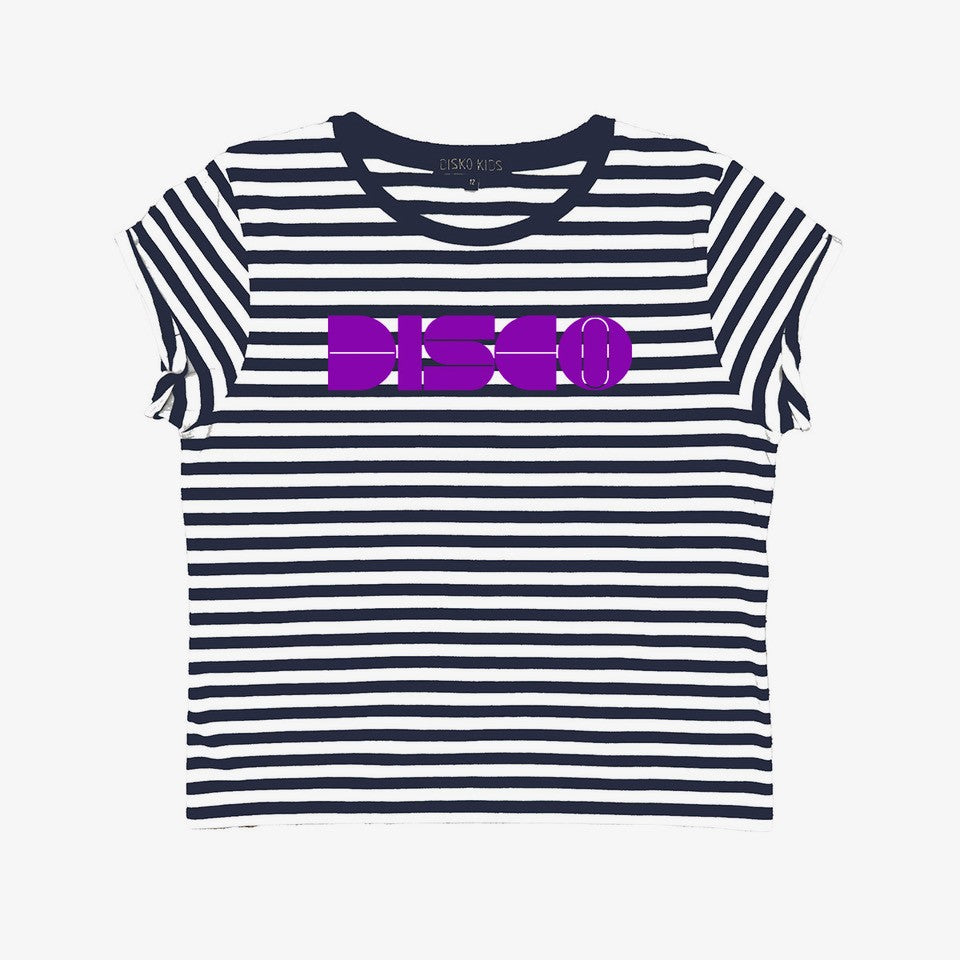navy & whote stripe tshirt with disco graphic design on front in purple - disko kids
