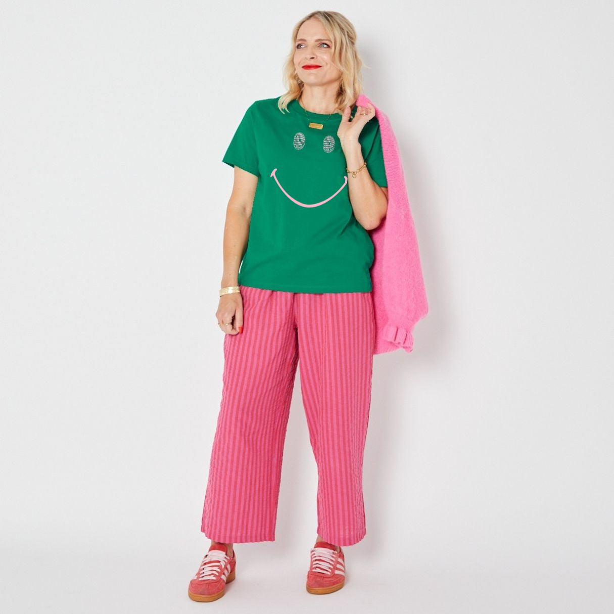 styling idea for disko kids disco smile tshirt shown with disko kids pink stripe trousers and pink cardi