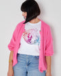 disco down mirrorball donna tshirt styled with pink cardigan and denim shorts festivak style disko kids