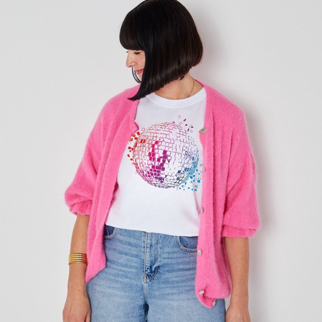 disco down mirrorball donna tshirt styled with pink cardigan and denim shorts festivak style disko kids