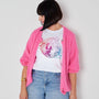 disco down mirrorball donna tshirt styled with pink cardigan and denim shorts festivak style disko kids