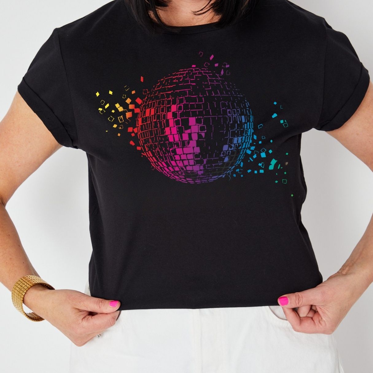 close up of disco down rainbow mirrorball print festival style disko kids