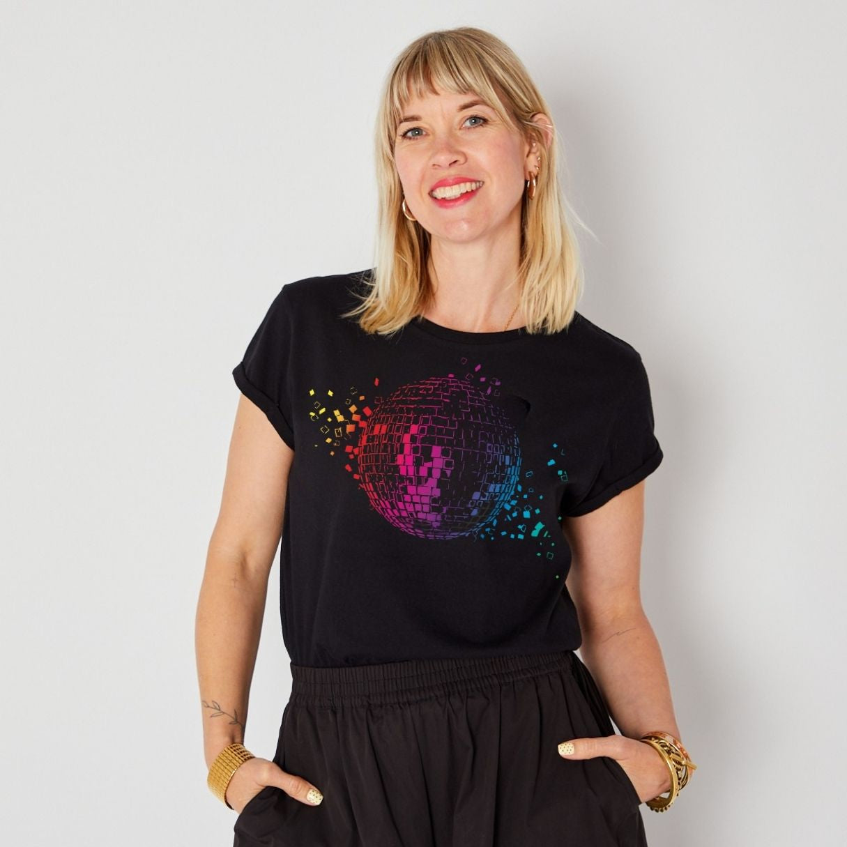 disco down rainbow mirrorball print on a black candi disko kids tshirt