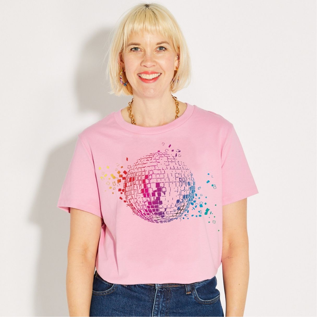 disko kids rainbow disco ball graphic print on a pink Norma tshirt