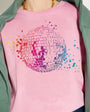 disko kids rainbow colourful graphic print close up og pink tshirt great for festivals 