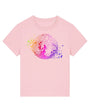 flat lay of disko kids pink norma tshirt with rainbow mirror ball design