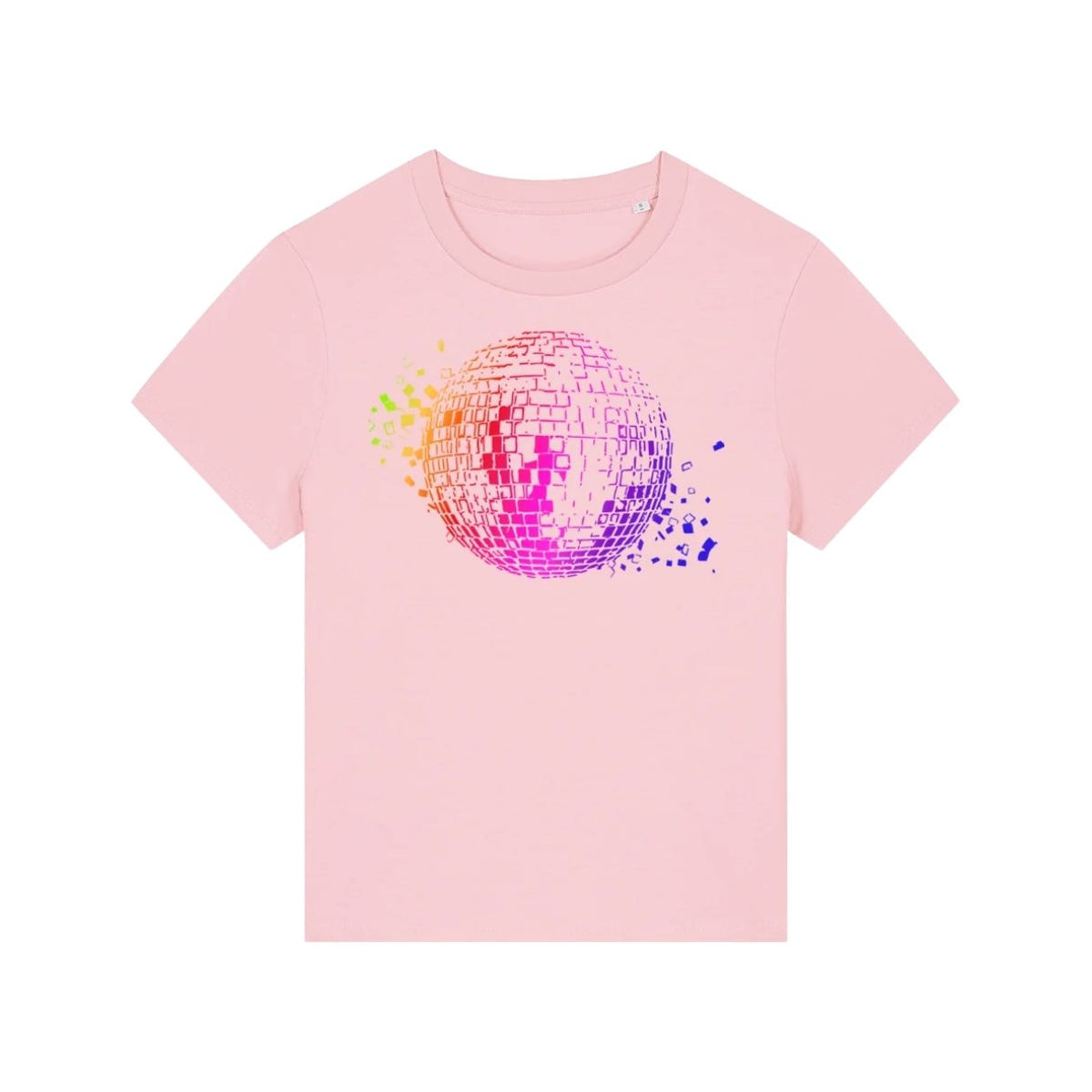 flat lay of disko kids pink norma tshirt with rainbow mirror ball design