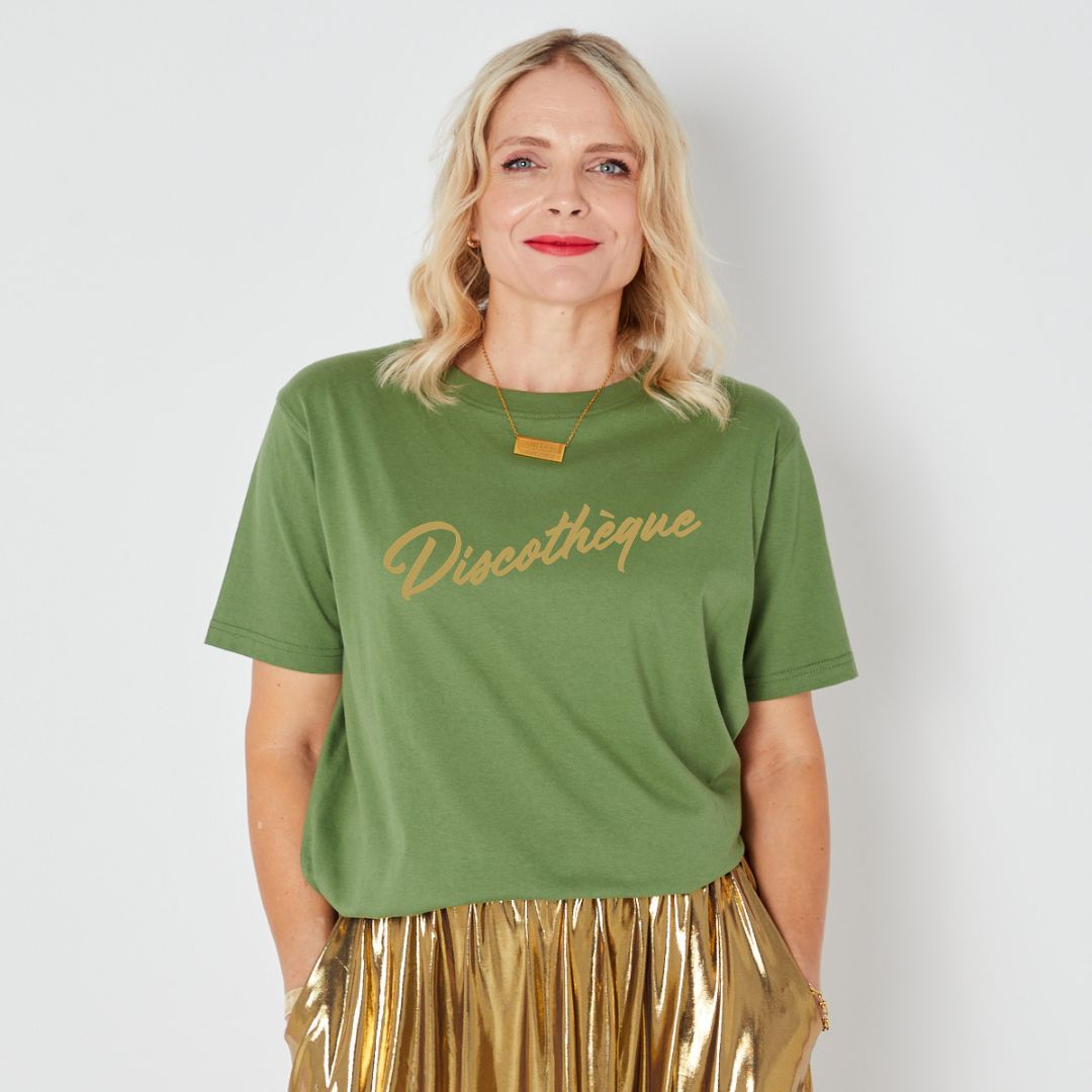discotheque olive green disko kids graphic tshirt retro inspired