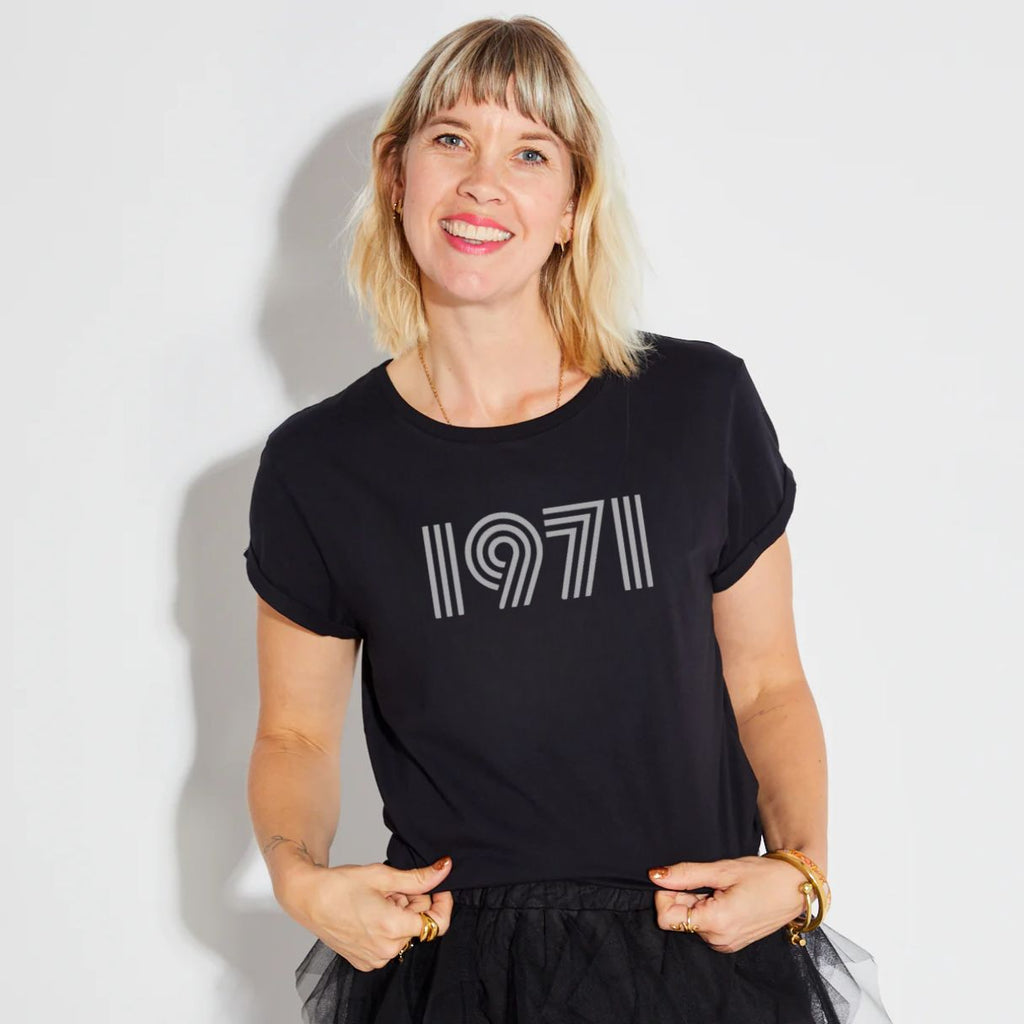 Womens 1971 black Tshirt with silver print - Disko Kids 