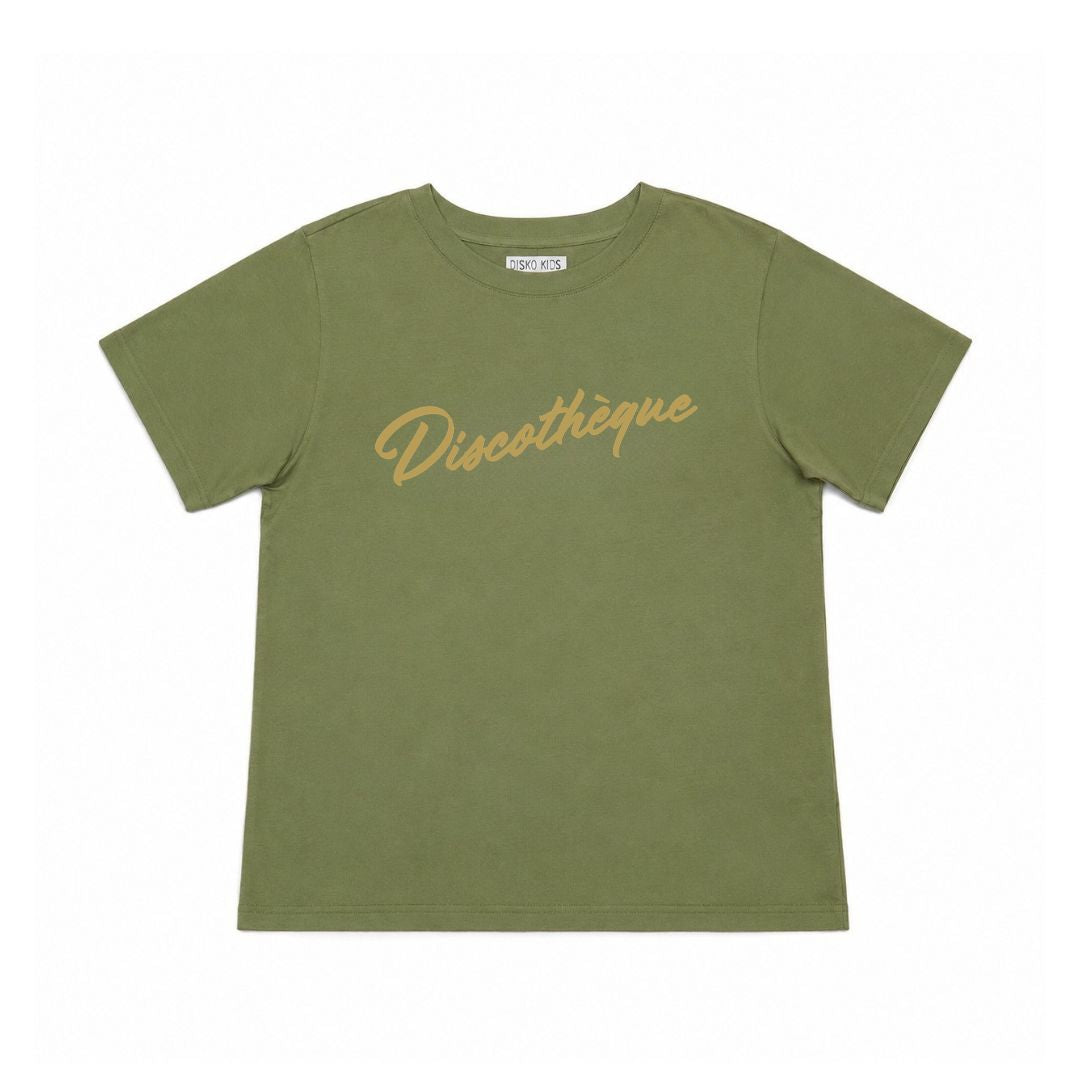 discotheque olive green disko kids graphic tshirt retro inspired flat ly on white background