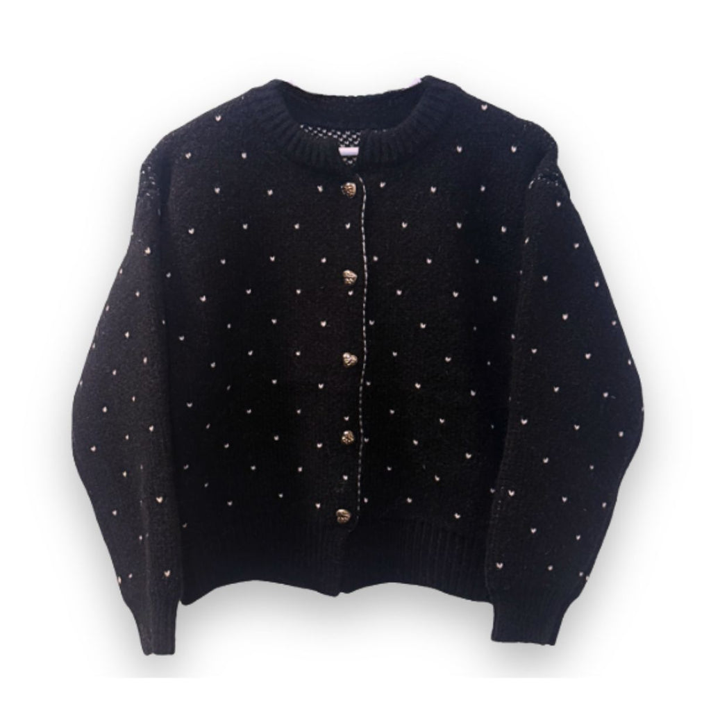 black cardigan with white hearts and silver buttons disko kids