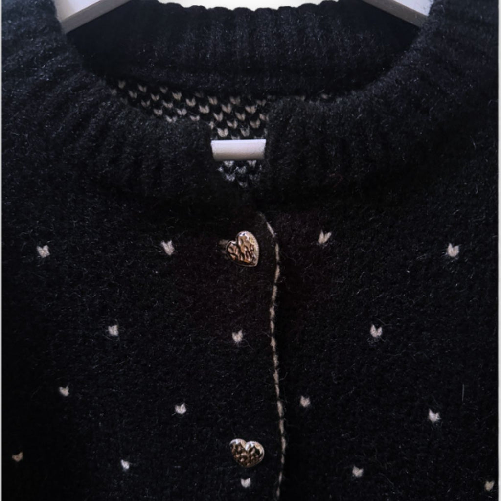 black cardigan with white hearts and silver buttons disko kids