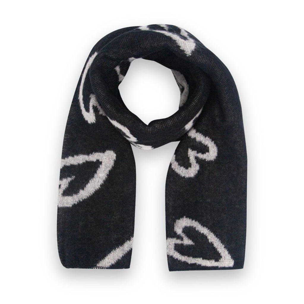 Black scarf with white heart patterns 