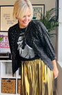Grace Jones tshirt styled with reversible jacket and gold skirt