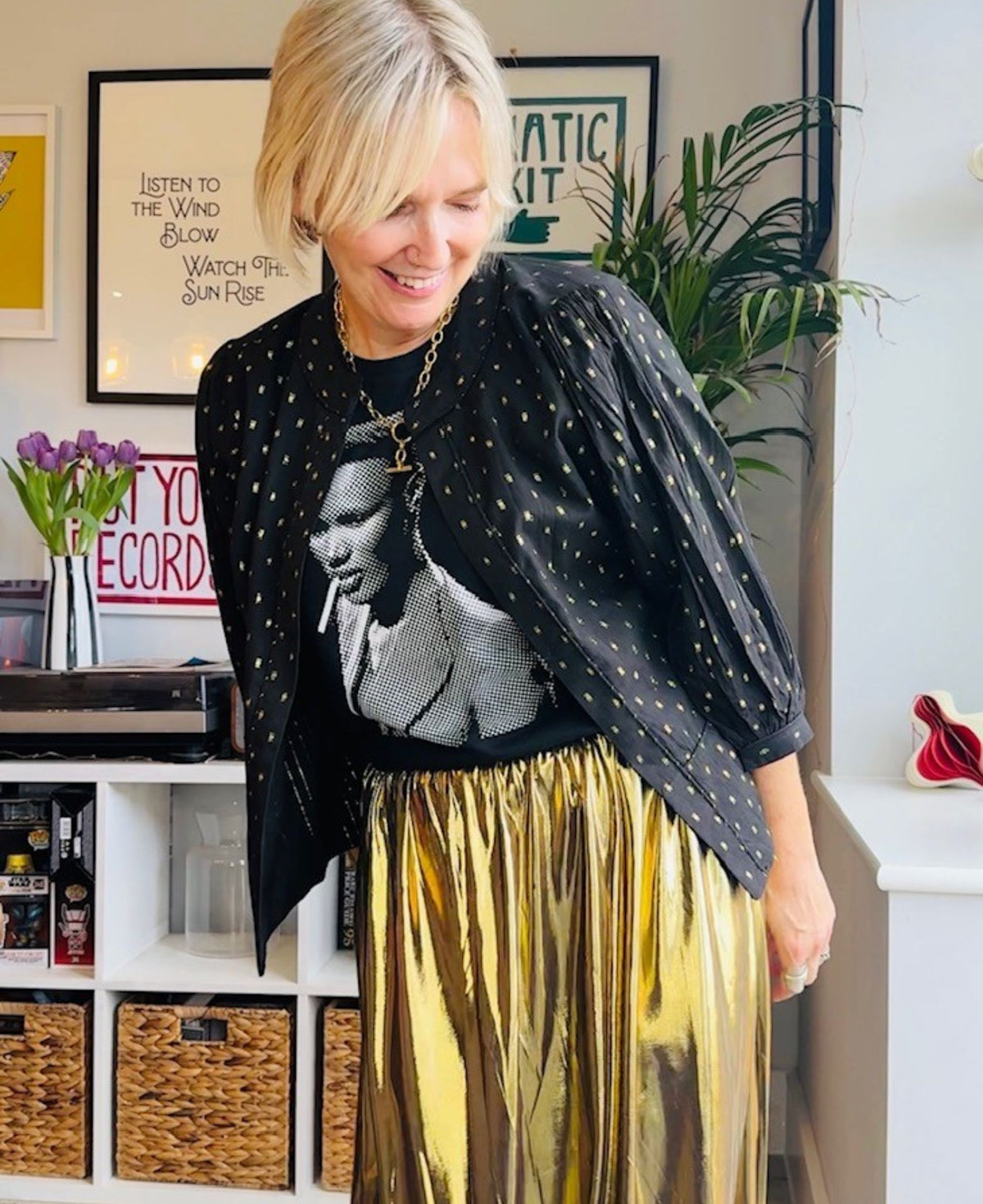 Grace Jones tshirt styled with reversible jacket and gold skirt