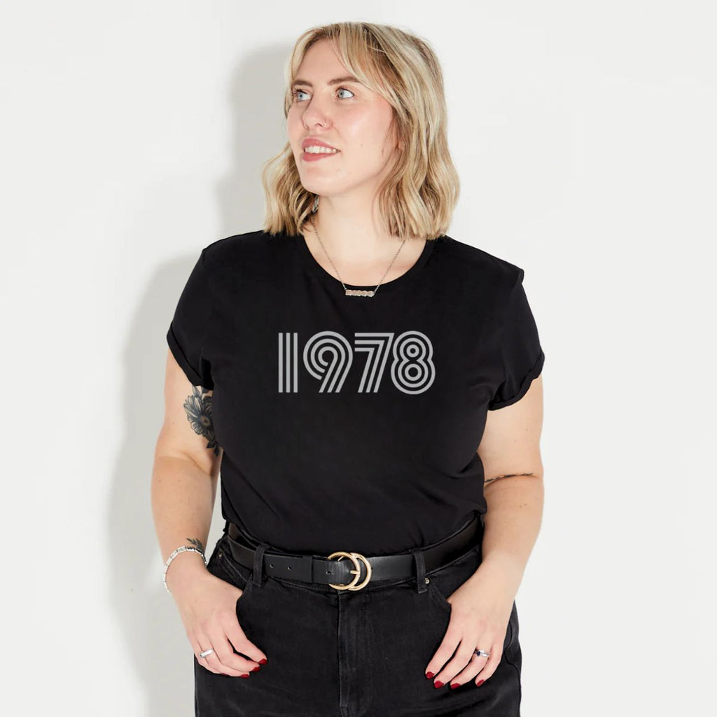 Womens 1978 black tshirt with silver print - Disko Kids