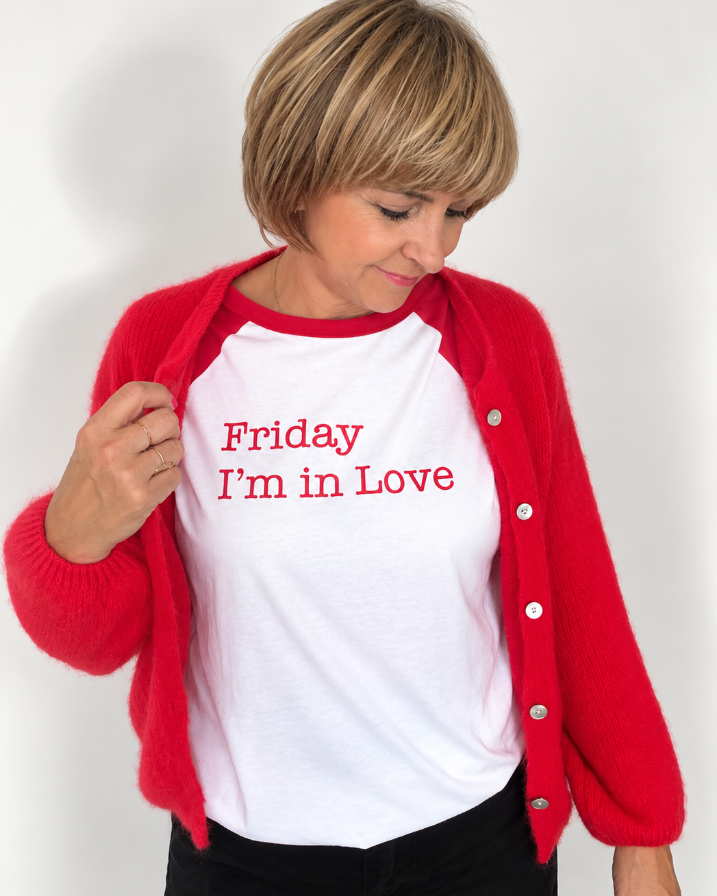 Friday Im In Love print on a Red white Raglan baseball style tshirt Cure Inspired Disko Kids 
