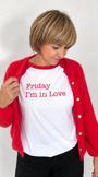 Friday Im In Love print on a Red white Raglan baseball style tshirt Cure Inspired Disko Kids 