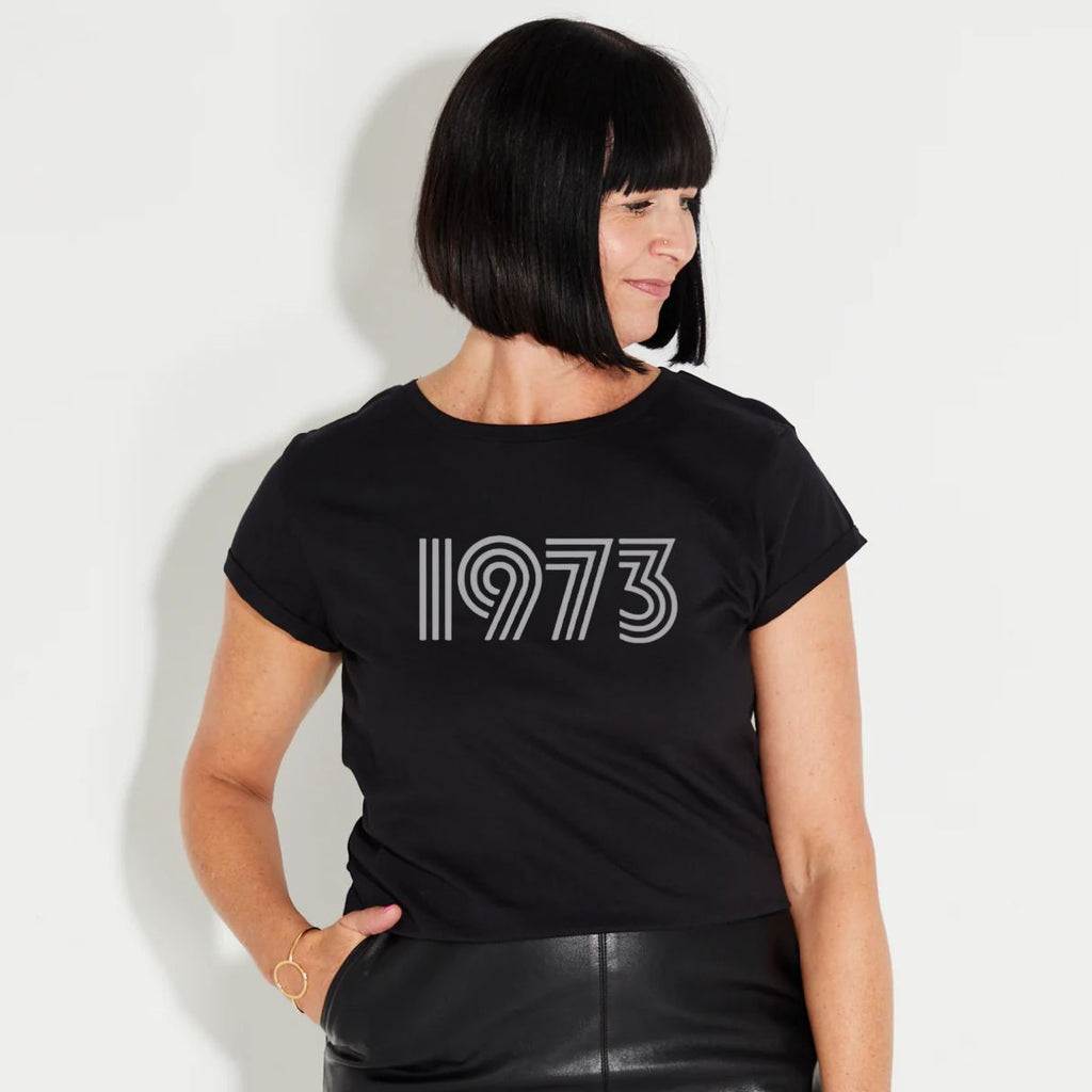 Womens 1973 black Tshirt with silver print - Disko Kids 