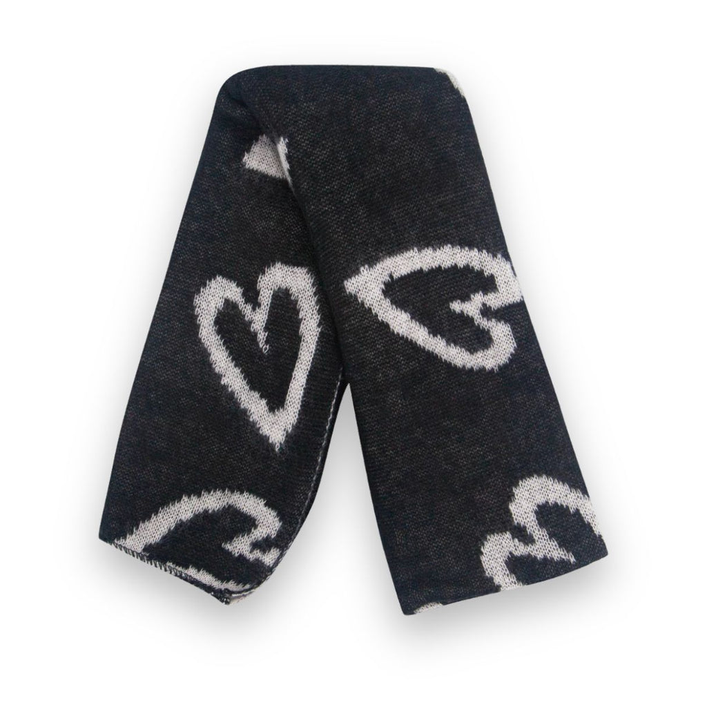 Black scarf with white heart patterns 