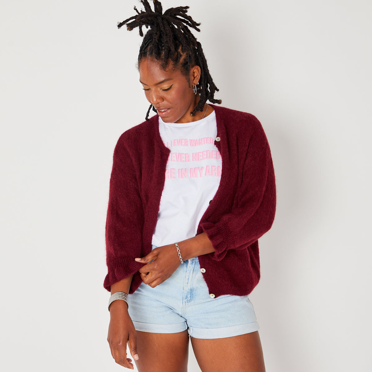 burgundy alpaca mix frill sleeve cardigan 